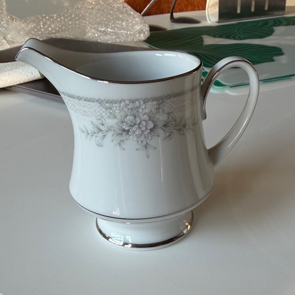 Noritake Elegant White and Gray Floral Pitcher